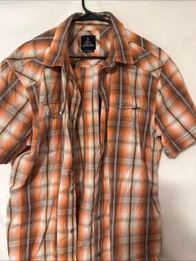 Prana Men's Orange and Brown Plaid Short-Sleeve Button-Up Shirt